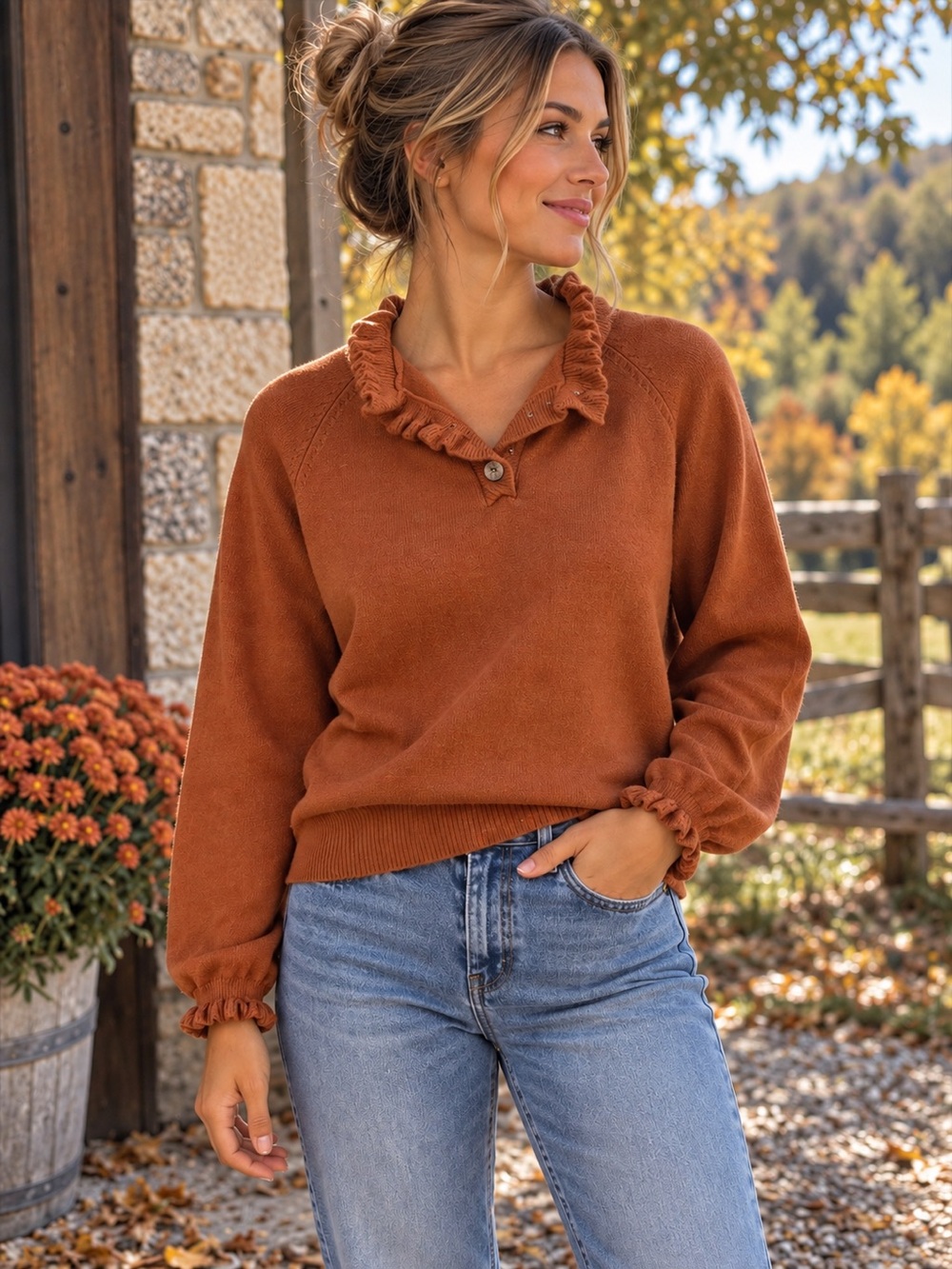 BTFBM Rust Orange Ruffle Collar Button Sweater Small Soft Fall Cottagecore NWT